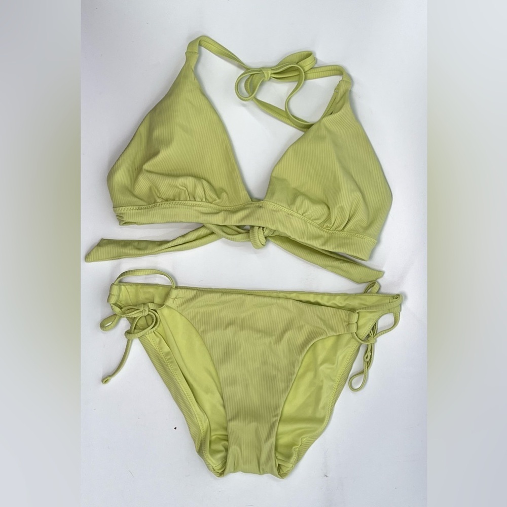 Victoria’s Secret Lime Green Ribbed Triangle Halter Two Piece Bikini Swimsuit M